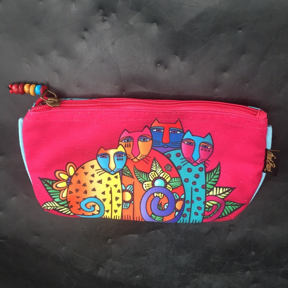 Laurel Burch Colorful Cat Zipper Pouch Coin Purse Cosmetic Bag w/ Beaded Pull